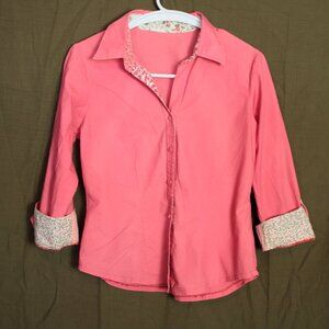 Vintage Coral Pink Button Down with Floral Trim Size S